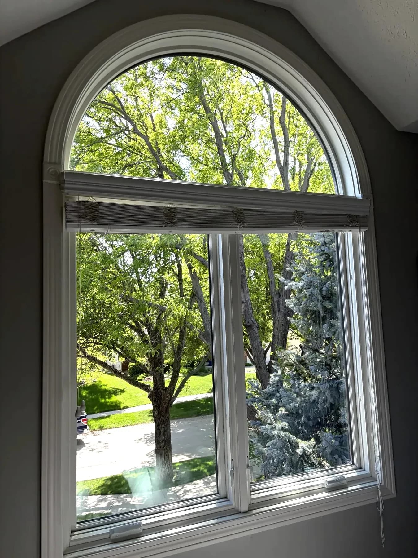 A cleaned arched window seen from inside an Omaha home